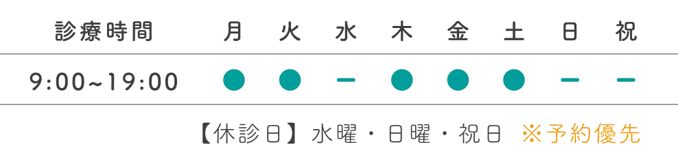 診療時間：9:00~19:00 休診日：水曜・日曜・祝日 ※予約優先